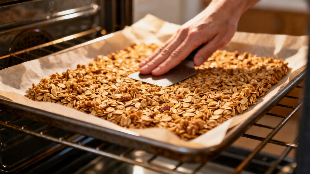 Granola tassé sur 1 cm pour former de grosses pépites