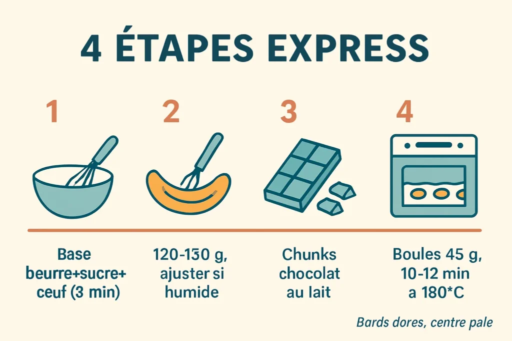 Infographie des 4 étapes cookies banane chocolat au lait