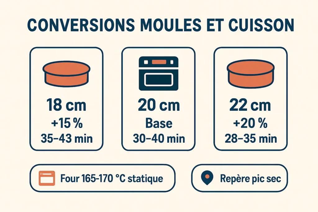 Conversions moules 18-20-22 cm et temps de cuisson