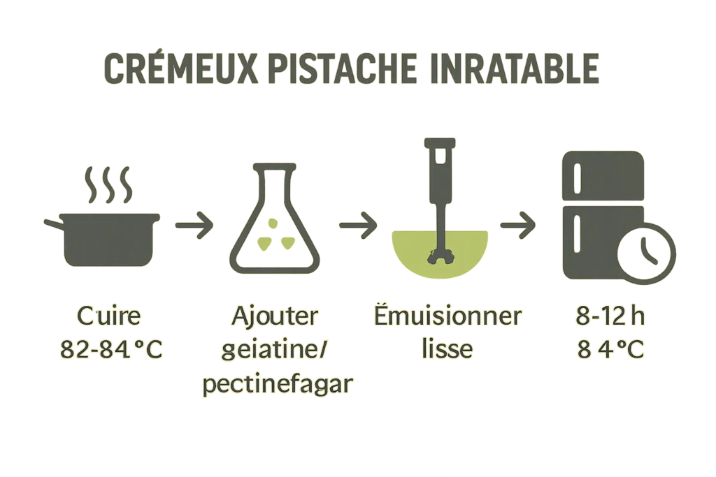 Schéma des étapes clés du crémeux pistache en 4 temps