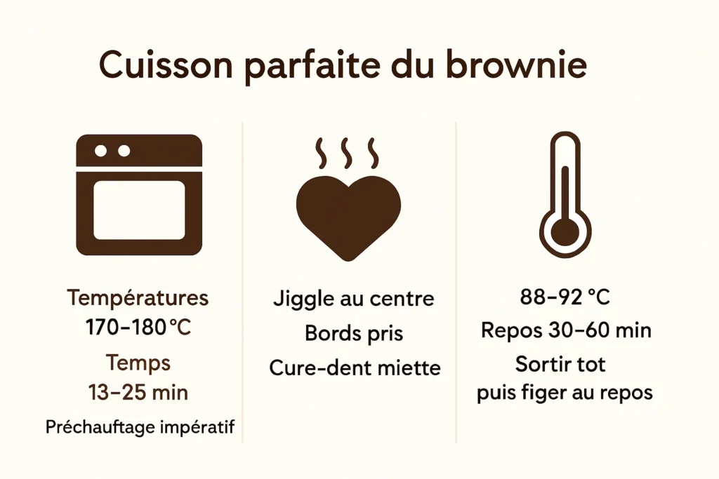 Repères visuels et températures pour une cuisson brownie fudgy
