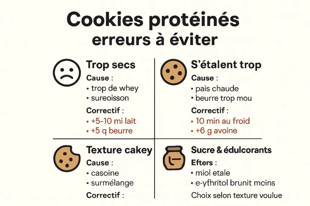 Schéma erreurs à éviter cookies protéinés et correctifs