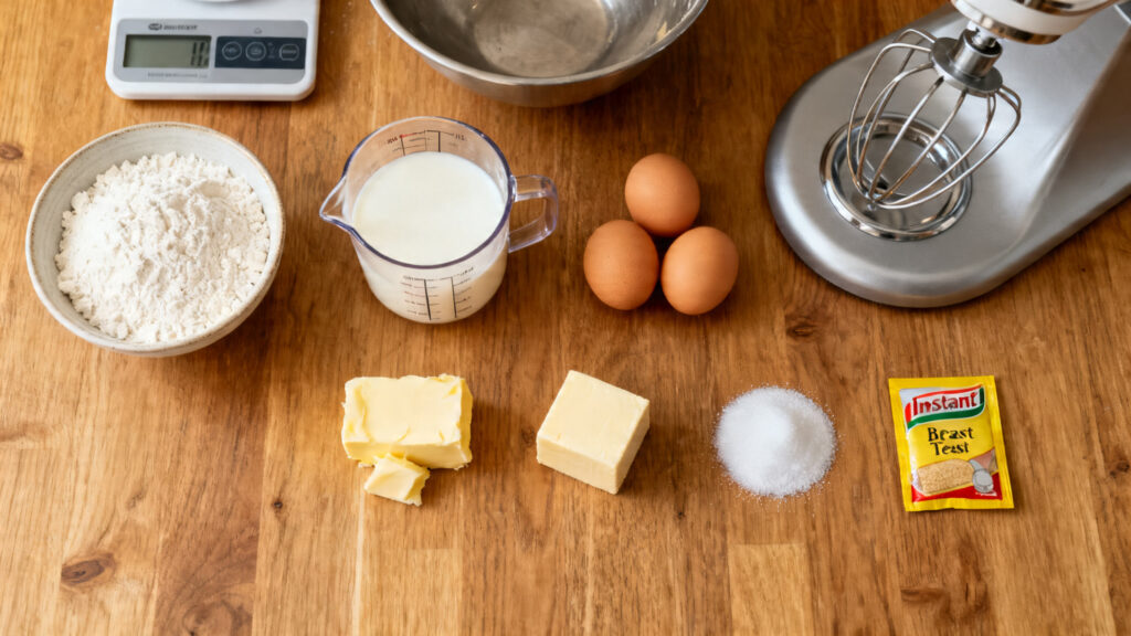 Ingrédients pesés et matériel pour brioche familiale