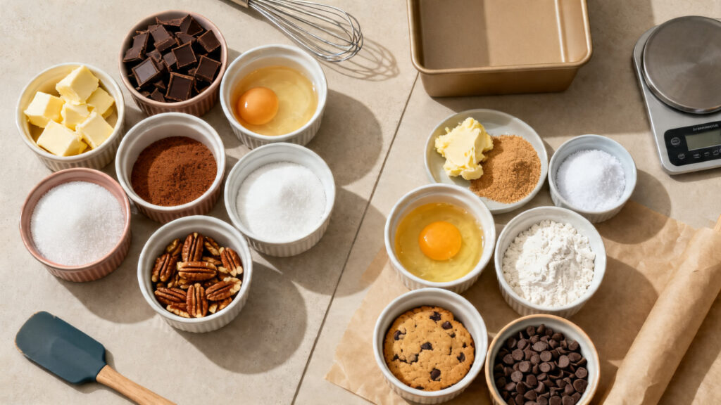 Ingrédients mesurés pour pâte à brownie et pâte à cookie