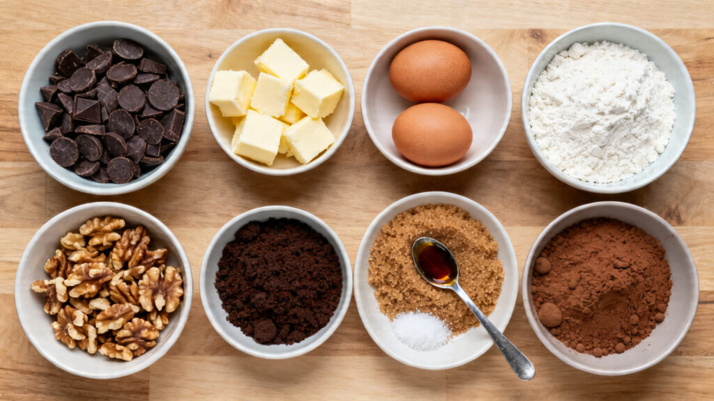 Ingrédients du brownie aux noix mesurés, chocolat 70 %, noix torréfiées