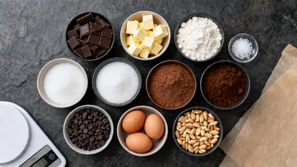 Ingrédients pesés chocolat noir, cacahuètes grillées et farine T45