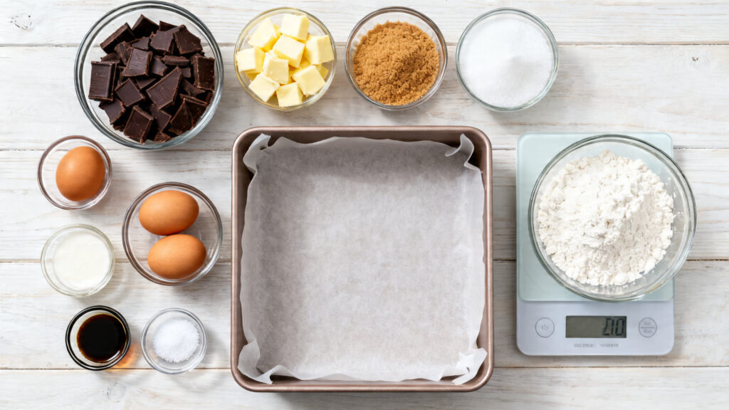 Ingrédients mesurés pour brownie au chocolat noir, farine, œufs, beurre