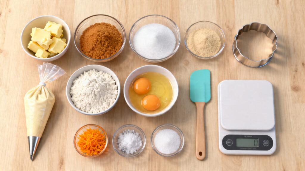 Farine, cassonade, poudre d’amandes, beurre et œufs pesés