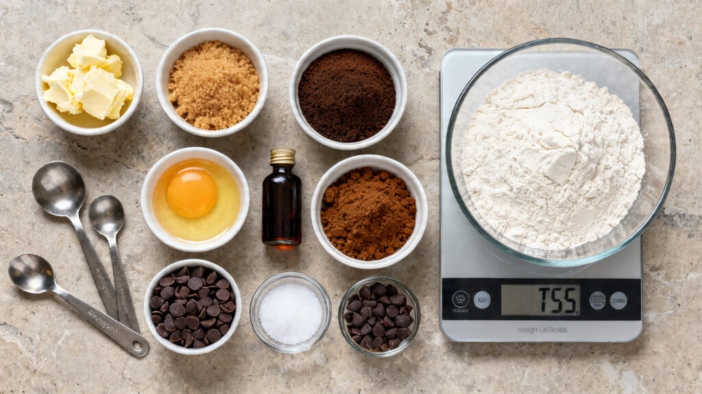 Ingrédients pesés pour cookie géant 20 cm avec pépites