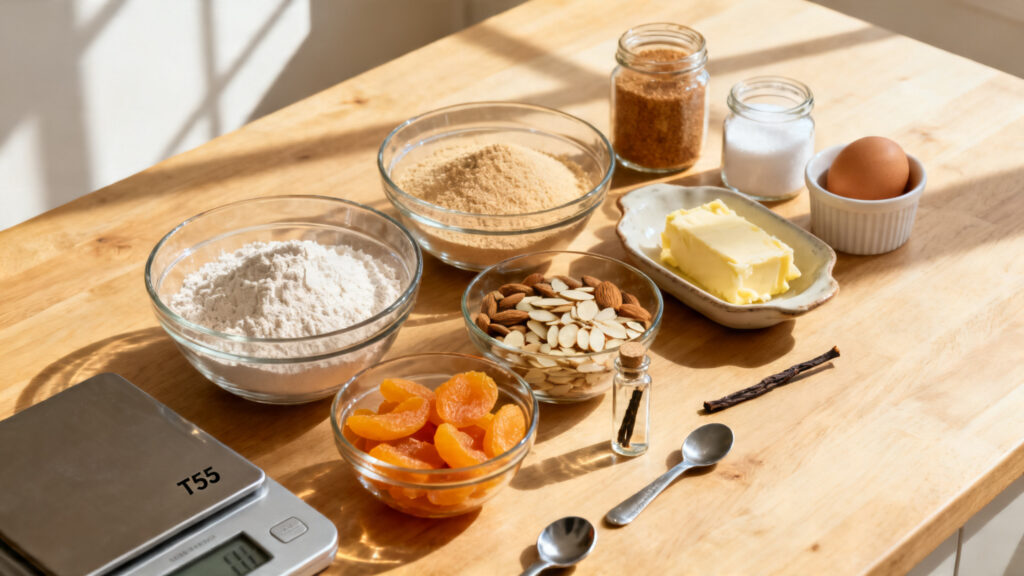 Farine, beurre, abricots secs et amandes pesés pour cookies