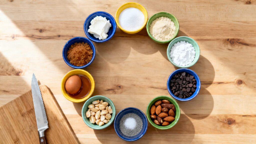 Ingrédients en grammes, pépites de chocolat noir, amandes et noisettes