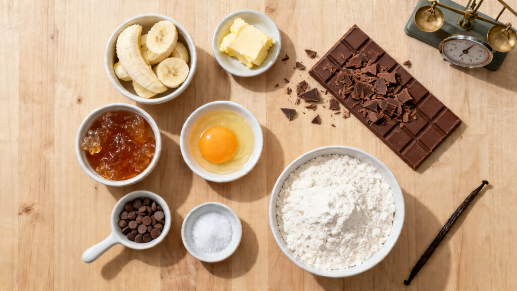 Ingrédients pesés pour 12 cookies banane chocolat au lait