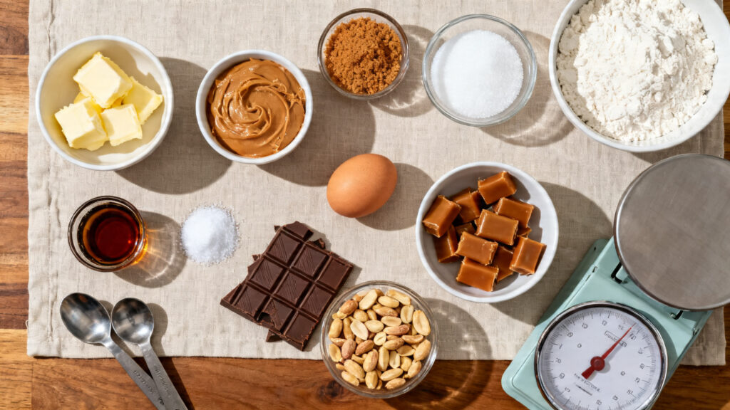 Ingrédients pesés pour pâte à cookies et caramel mou