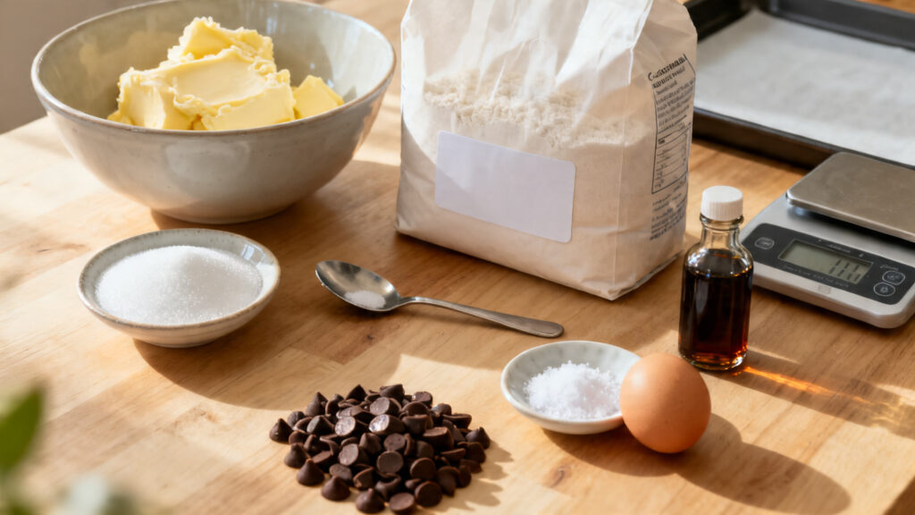 Ingrédients cookies américains pesés, farine T55 et cassonade