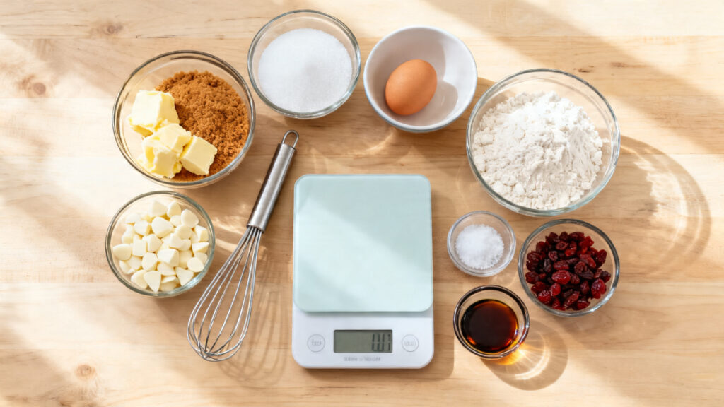 Ingrédients en grammes pour cookies moelleux, prêts à mélanger