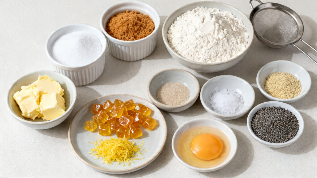 Ingrédients pesés, zestes bio et dés de citron confit au sucre