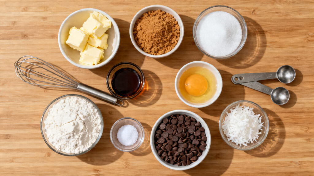 Beurre mou, sucre roux, coco râpée et pépites de chocolat