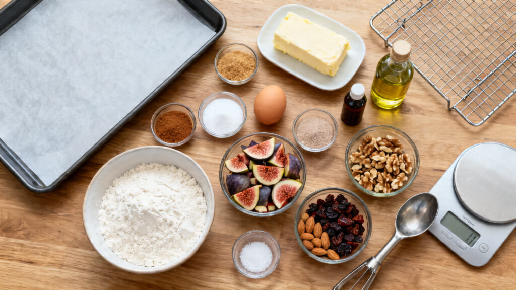 Ingrédients pour cookies figues fraîches et sèches avec noix et amandes