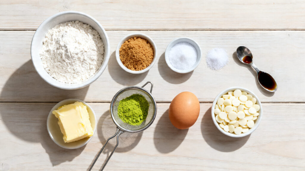 Ingrédients pour cookies matcha chocolat blanc, pesés et tamisés