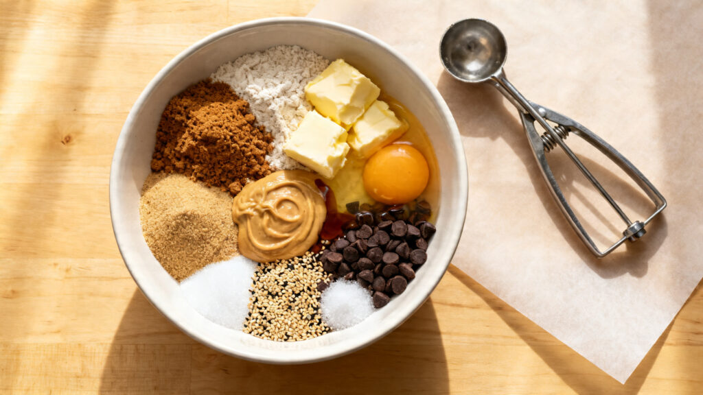 Ingrédients pesés : farine T55, tahini, sésame, pépites de chocolat