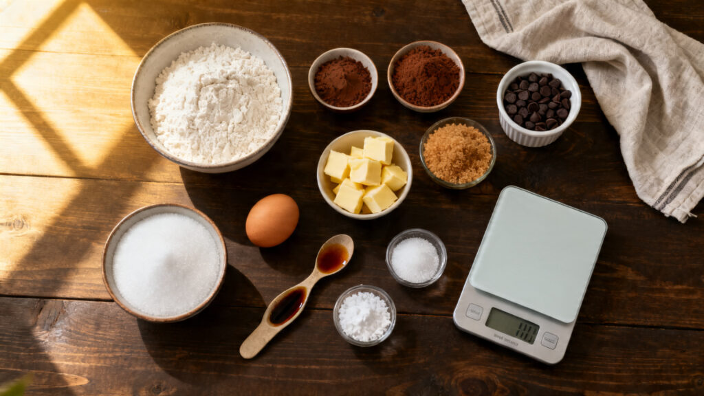 Ingrédients pesés avec cacao non sucré et cassonade