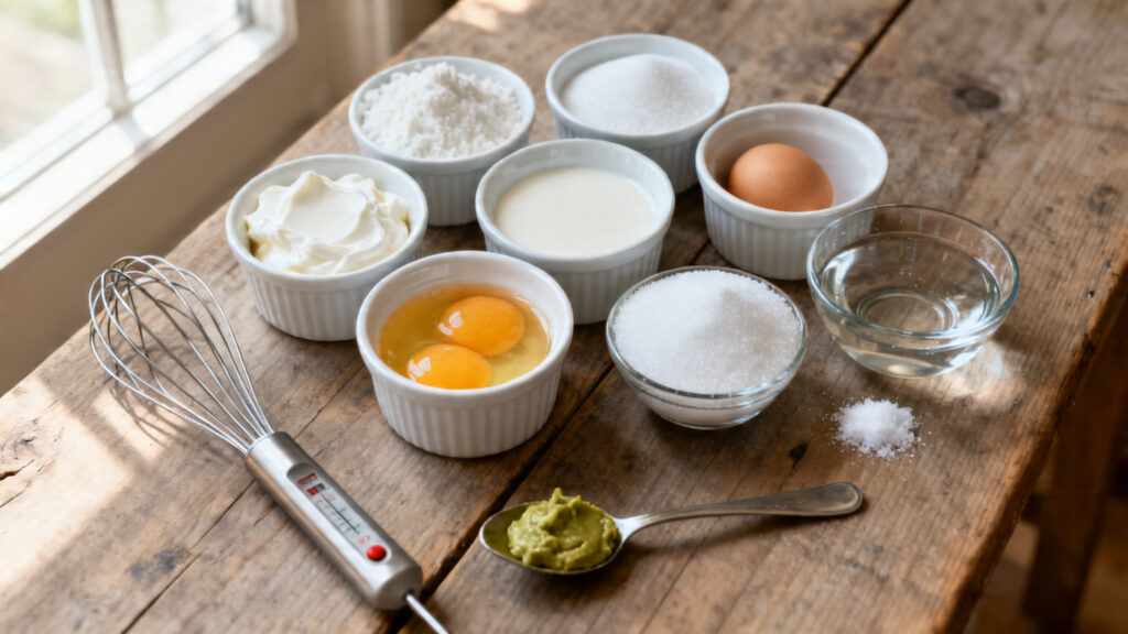 Mise en place des ingrédients pesés pour crémeux pistache