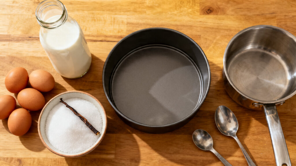 Lait entier, œufs, sucre et vanille pour le flan