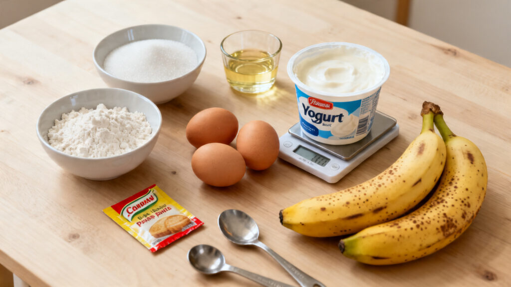 Ingrédients pour gâteau banane-yaourt pesés au gramme sur table