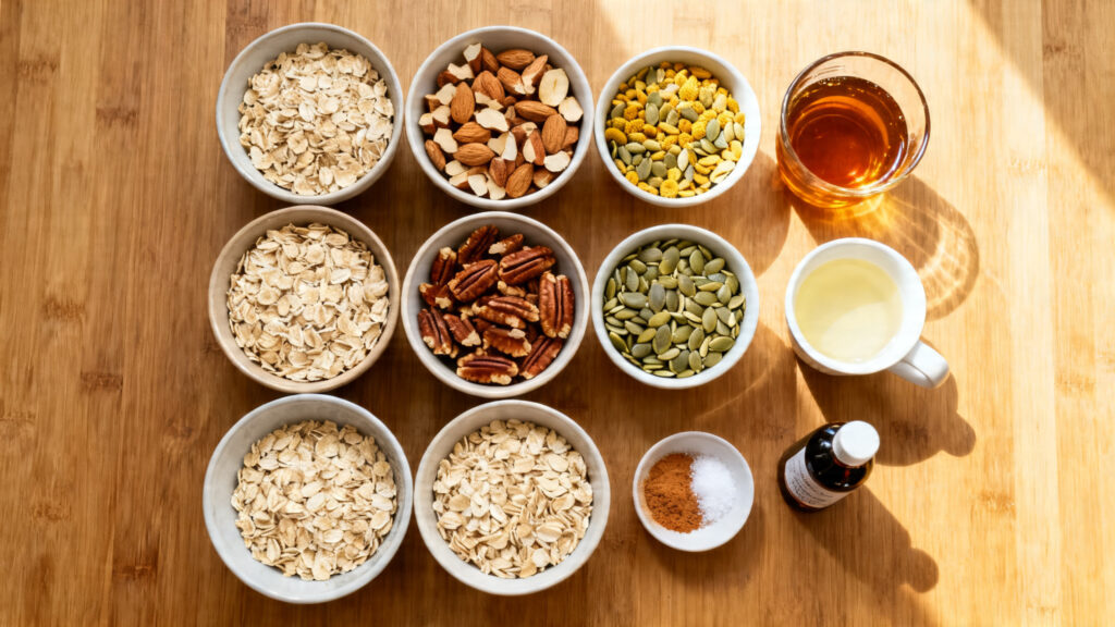 Ingrédients du granola croustillant mesurés et prêts à mélanger