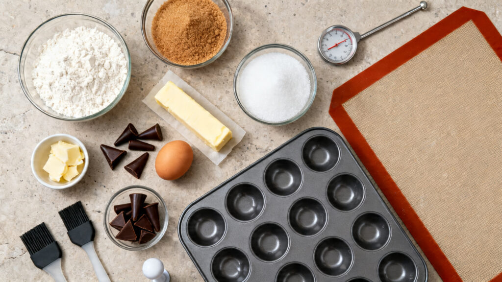 Ingrédients pesés et moule cookie shot avec outils essentiels