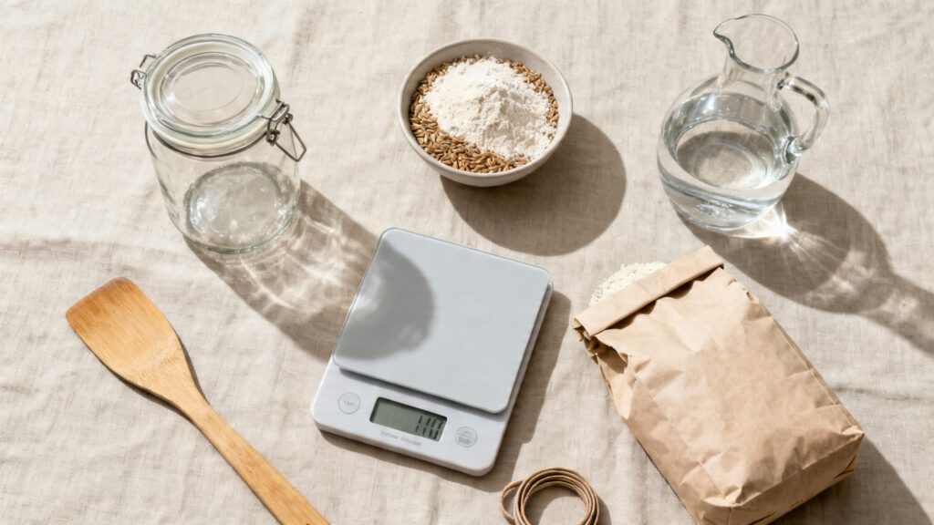 Farine de seigle, bocal, balance et eau pour levain naturel