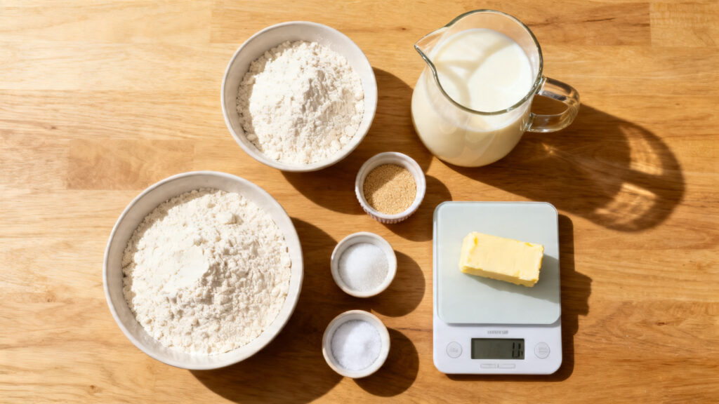 Ingrédients pesés pour pain de mie, farine, lait, levure