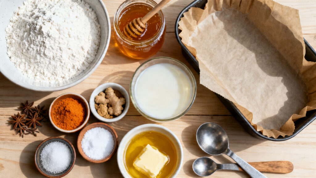 Ingrédients pour pain d’épices au miel et moule à cake