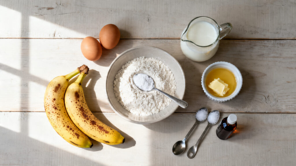 Ingrédients pesés pour pancakes banane healthy sans sucre ajouté