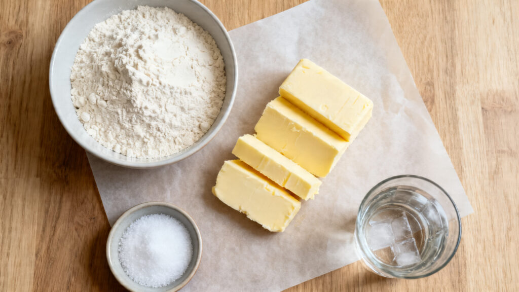 Farine T55, beurre 82 % MG, eau froide et sel fin dosés