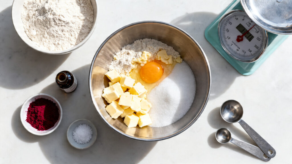 Ingrédients pesés pour pâte sablée vanille et colorant naturel