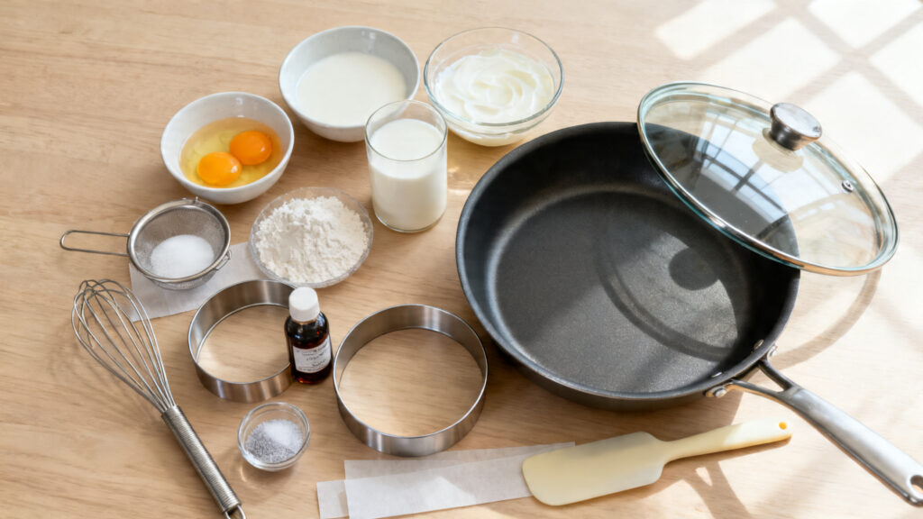 Ingrédients et cercles de cuisson pour pancakes soufflés