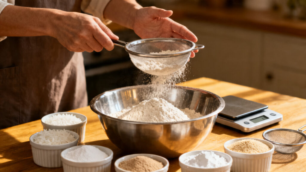 Tamisage de farines sans gluten pour un mélange maison équilibré