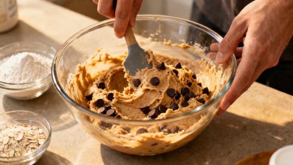 Pâte à cookies protéinés, texture souple et collante