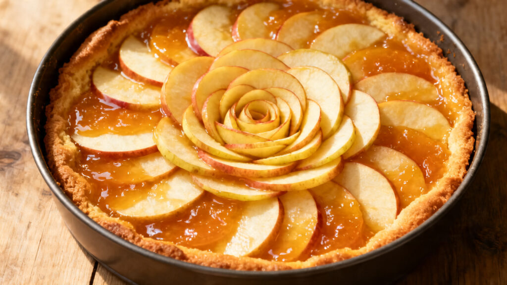 Moelleux aux pommes en rosace, nappage brillant