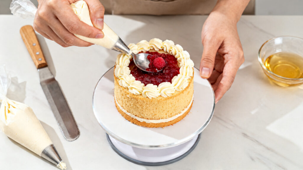 Montage du bento cake avec boudin de crème