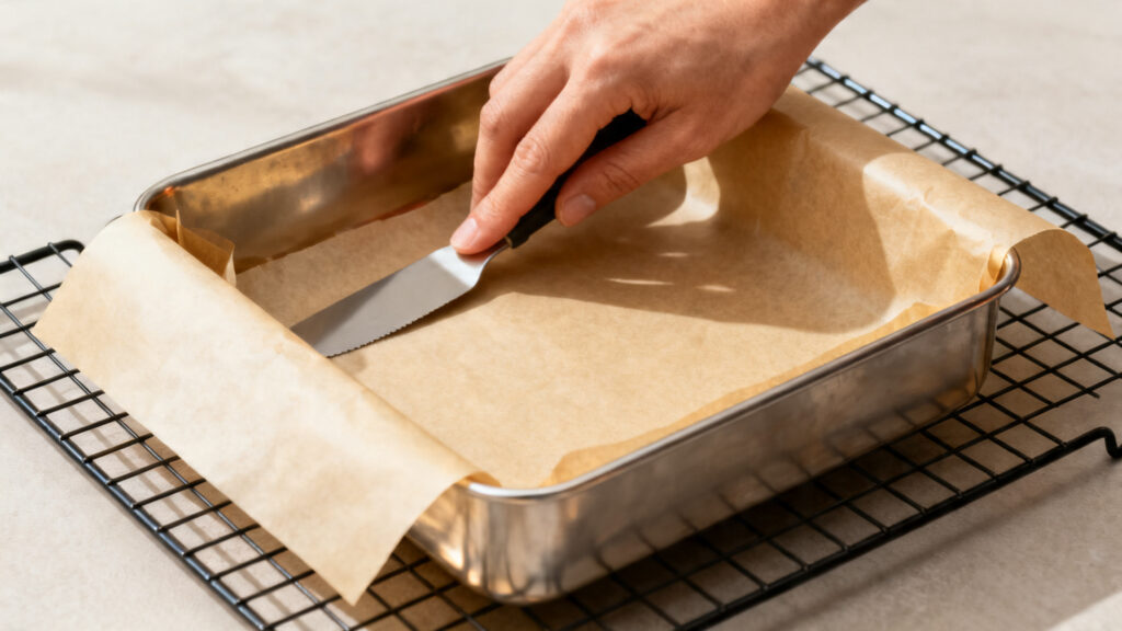 Moule 20x20 cm tapissé de papier cuisson pour brownie moelleux