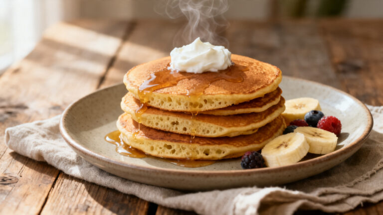 Recette de pancakes à la banane dorés, servis avec yaourt et sirop