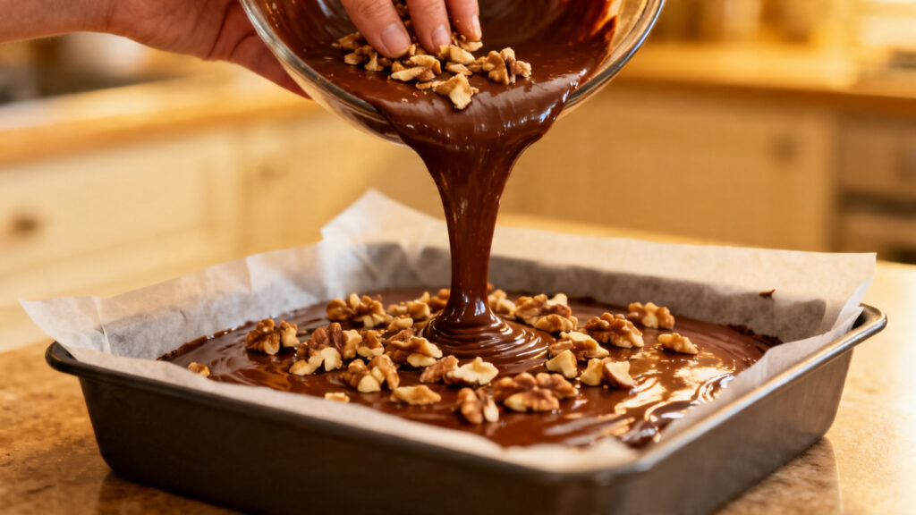 Pâte à brownie lisse dans un moule, noix réparties pour contraste croquant