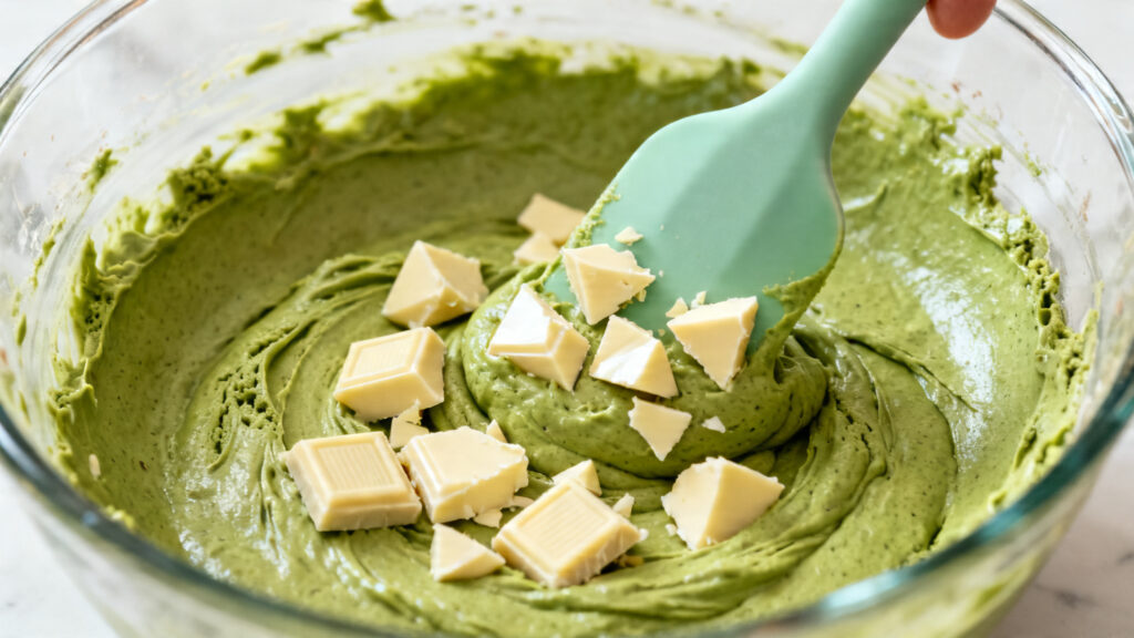 Pâte à cookies matcha homogène avec pépites de chocolat blanc