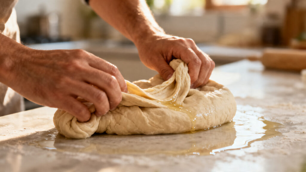 Pétrir à la main un pain de mie sur surface huilée