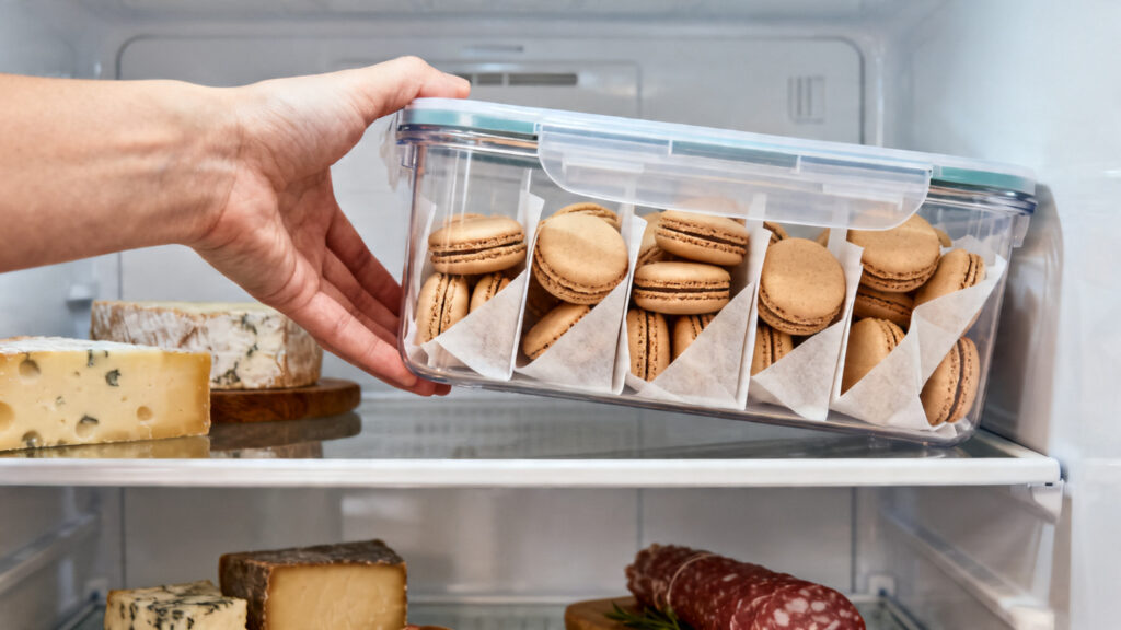 Boîte hermétique de coques sur l’étagère haute du frigo