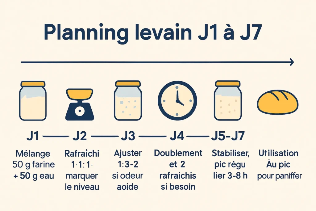 Étapes J1 à J7 pour créer un levain avec ratios et pic