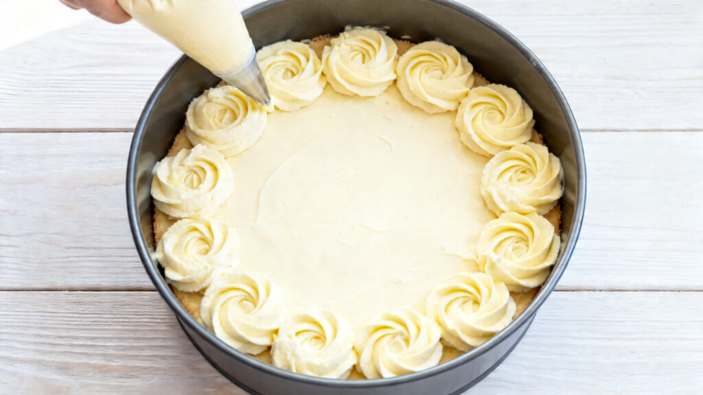 Poche de crème sur pâte à gâteau dans un moule 22 cm