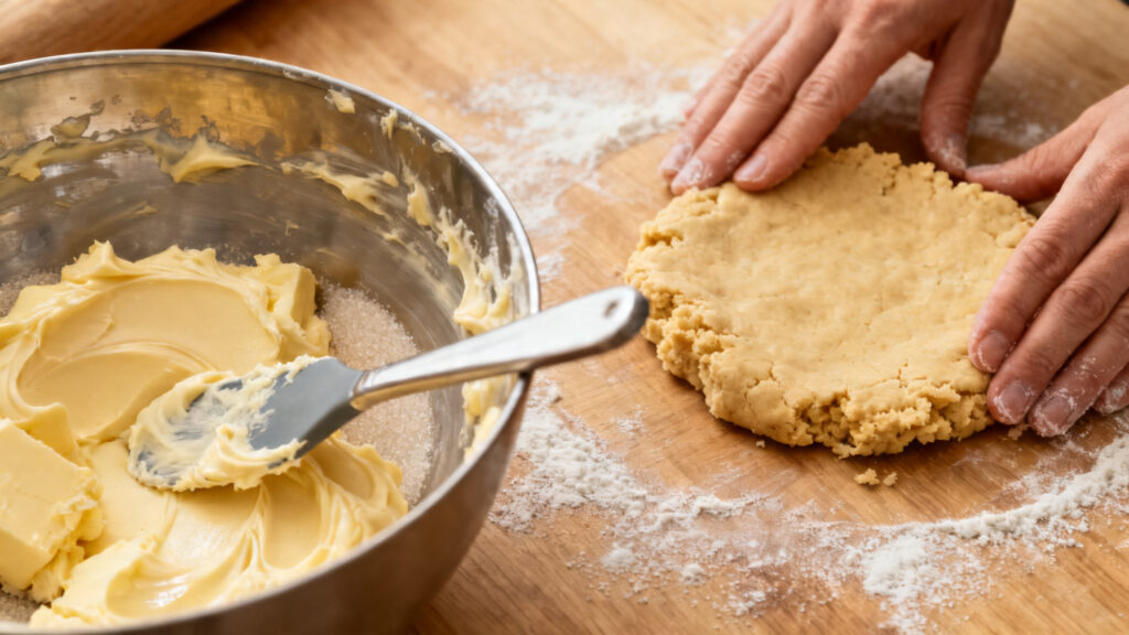 Beurre mou crémé avec sucre, repère de texture pâte sablée